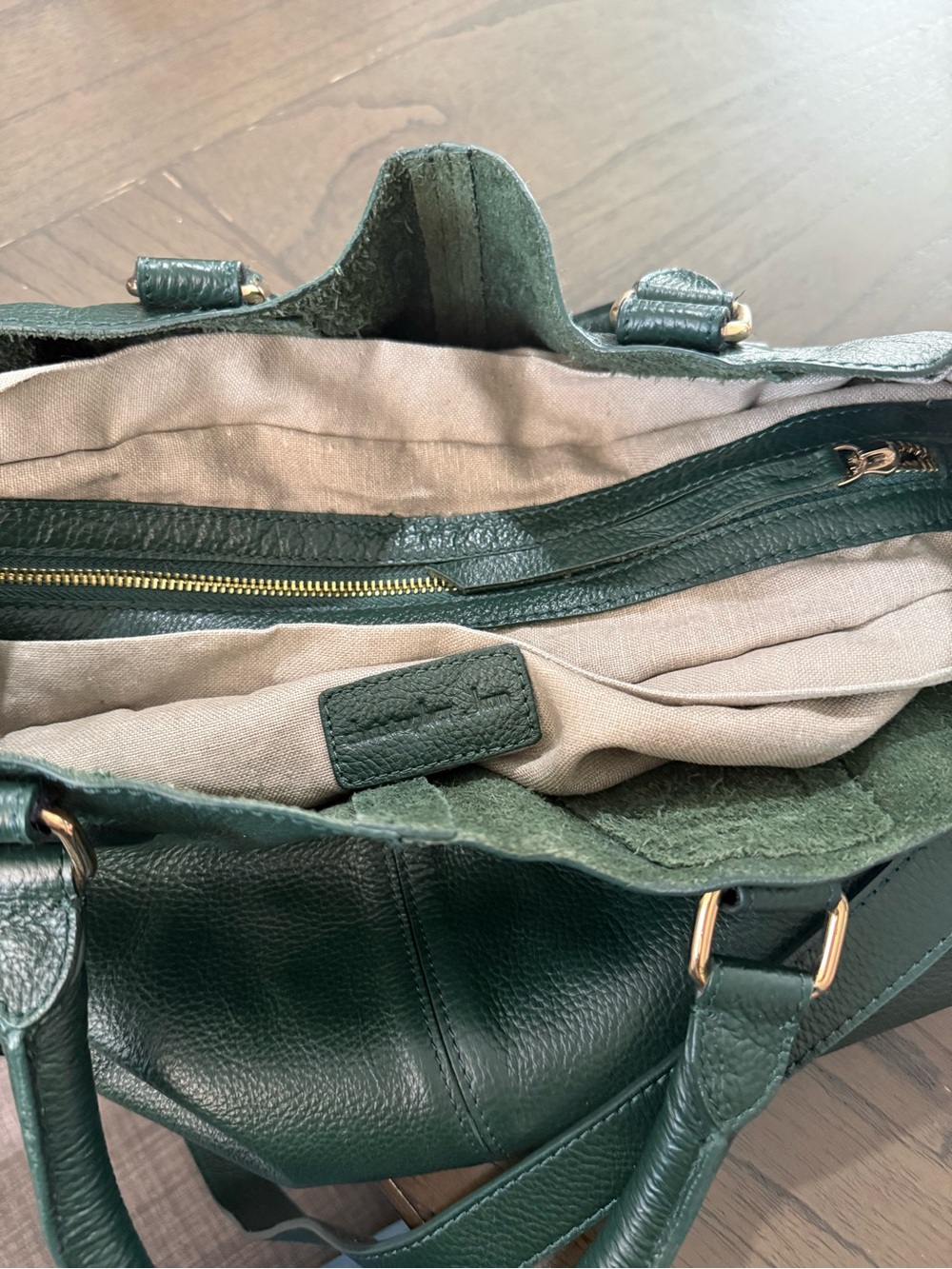 Dark Green Leather Tote Bag with Interior Zip Pocket